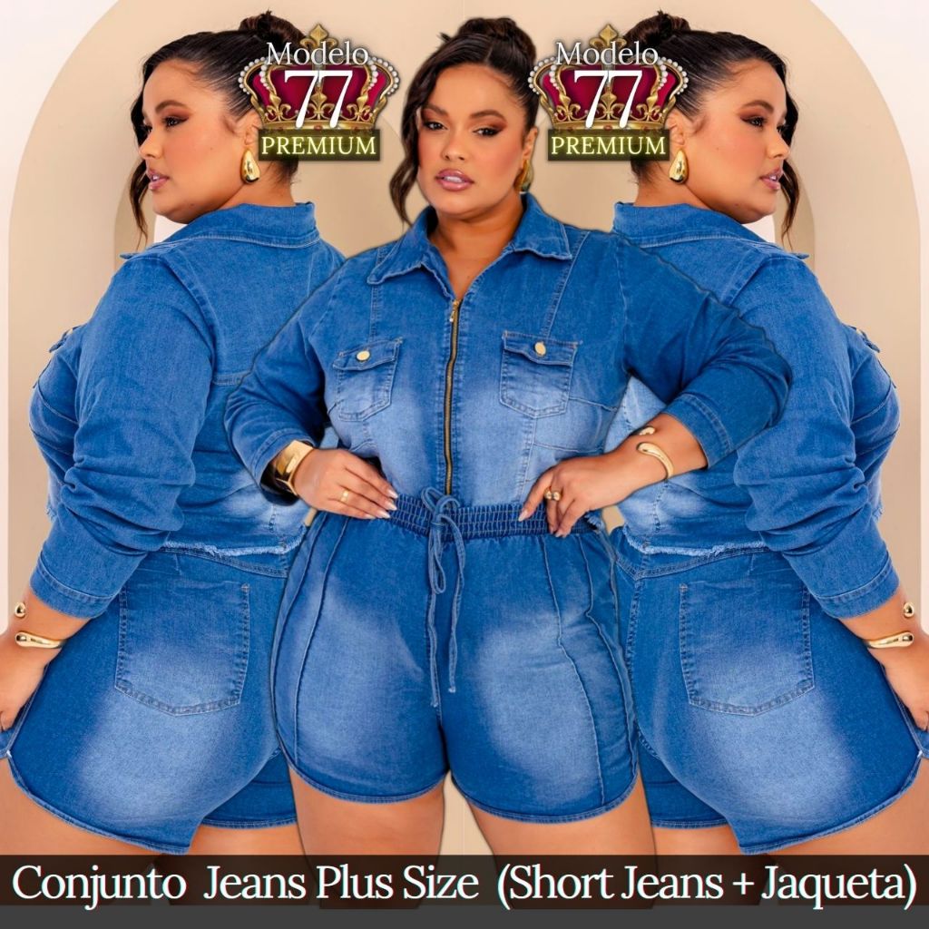 Conjunto Jeans Feminino Plus Size Short Jeans Plus Cropped Stretch Lycra Encorpa Jeans Duravel Moda Blogueira CJ BRA Shopee Brasil