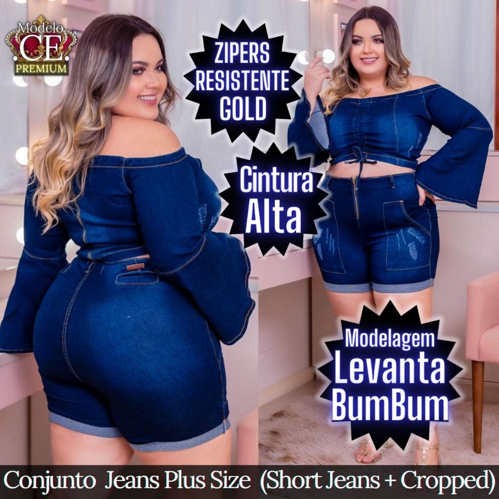 ゆきんこ Conjunto Plus Size - Short Jeans + Cropped Jeans - Jeans Gringo