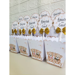 Kit Centro de mesa personalizado para festas Chá de bebê e aniversário infantil Chá fraldas revelação tema URSINHOS BEGE