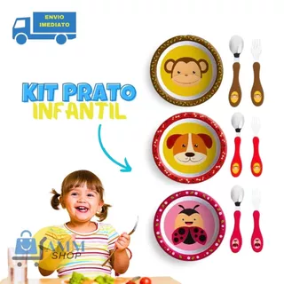 Kit Refeição Infantil 3 Peças Prato Talheres Garfo Colher Estampa Divertida Kit Introdução Alimentar Menino Menina Bebê
