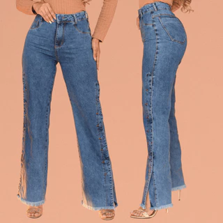 Calça Wind Leg Pantalona Com Botoes Ecapado Lateral Cintura Alta Cos Alto Tecido 100% Algodao Jeans Premium Calça Jeans Feminina