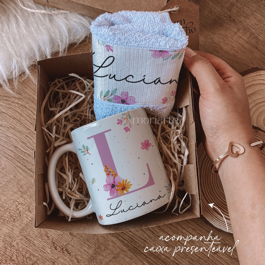 Kit Caneca personalizada + toalha de mão, presente criativo,, presente amiga