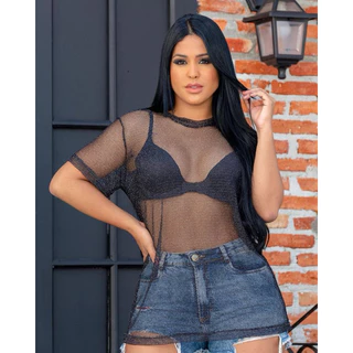 Blusa feminina de arrastão com brilho strass look festa balada