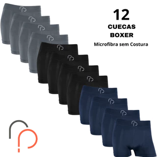 Kit 12 Cueca Boxer Masculino Microfibra Box Sem Costura Adulto Lisa com Elastano