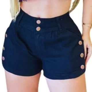 Short Feminino Preto, Azul Marinho E Azul Claro Cintura Alta Com 8 Botões Cós Alto Com Lycra Do 36 ao 48