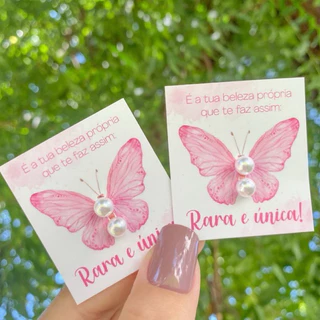 kit 75 Mini Cartão Tag Borboleta + brincos de perola + tarracha pronta entrega 4x5cm Rosa