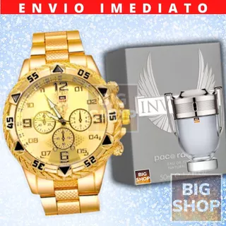 KIT FLORENZA Relógio Masculino Dourado GOLD 24K + Perfume Importado Fragrancia Inspiração