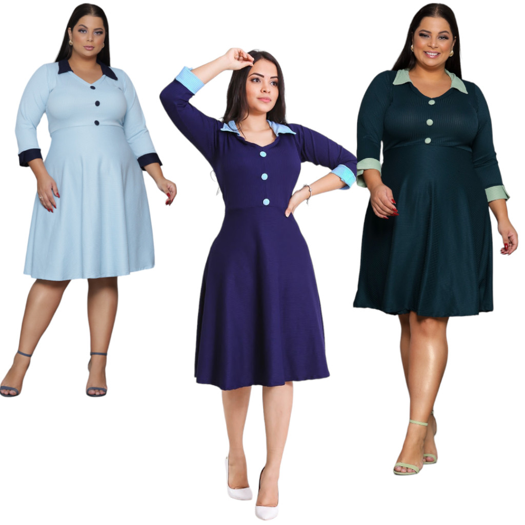 Vestido Feminino Rodado Gode Malha Canelada C Botão Manga 3/4 Moda Evangélica Festa Social Plus Size