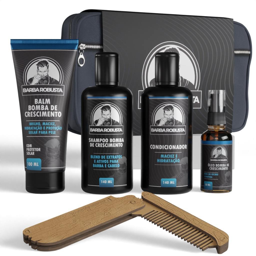 Kit para a Barba Shampoo, Condicionador, Balm, Óleo, Pente e Necessaire