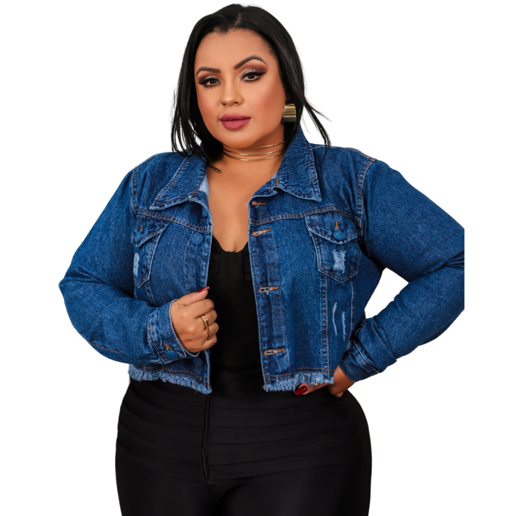 Jaqueta Jeans Plus Size Feminina Cropped Barra Desfiada Sem Lycra
