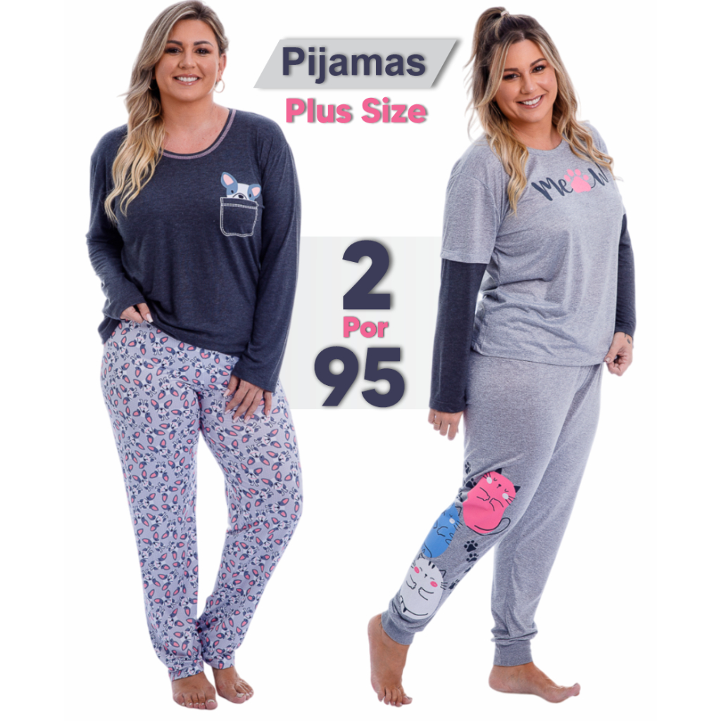 Kit 2 Conjuntos Pijama Femininos de Inverno - Promoção - Plus Size ...