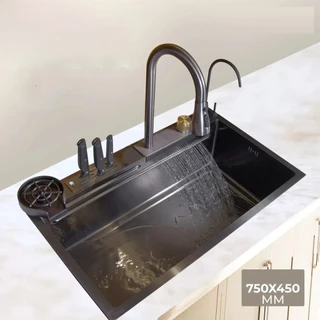 Pia de cozinha de aço inoxidável preta com torneira acoplada