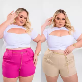 Kit 2 Shorts Bermuda Feminino Alfaiataria All Curve Tamanho Grande do 46 ao 52 Confortável Plus Size disponível em 5 Cores Confeccionado em Tecido Crepe Premium Acompanha Cinto de Corrente