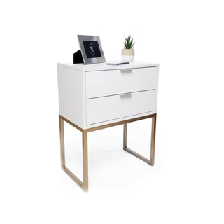 Kit Mesa De Cabeceira Branca Industrial Eco 40cm 2 Gavetas Base Dourado Já Montado