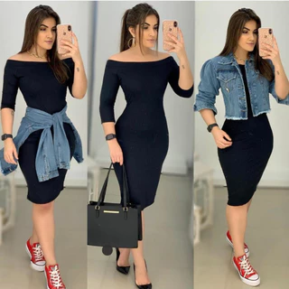 Vestido Midi Feminino Ombro a Ombro Manga Longa Canelado