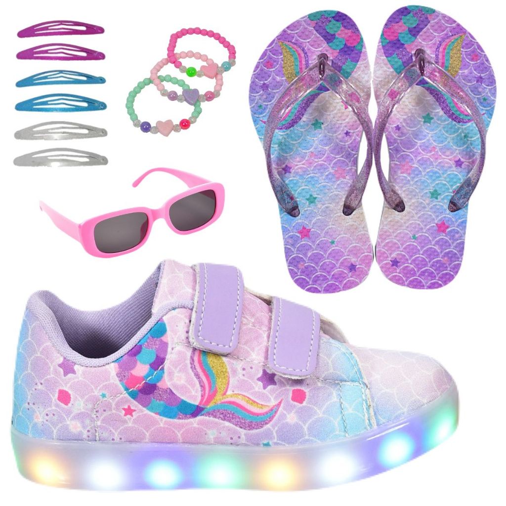 Tênis Infantil Led Feminino Club Magia Sereia Cano Baixo + Chinelo + Tictac + Pulseira