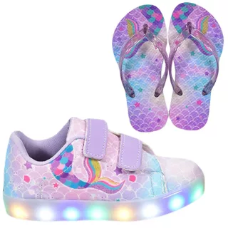 Tênis Infantil Led Feminino Club Magia Cano Baixo Sereia + Chinelo