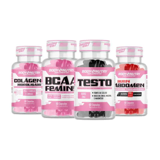 Kit Feminino - Colageno Hidrolisado Para cabelo, unhas e pele + Testo Feminy, 60 cápsulas + BCAA Feminy, 60 cáps + Burn Abdomen Feminy, 60 cáps
