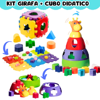 Kit De Brinquedo Infantil Didatico Educativo Para Bebe Cubo + Girafa Menino Menina 1 ano Brinquedo Para Montar