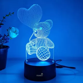 Abajur Luminária Decorativa Ursinho Para Presente Com Controle Remoto LED Efeito 3D 16 Cores Acompanha Cabo USB Ideal Para Decoração De Quarto Infantil Gamer Geek Sala Iluminação Escritório