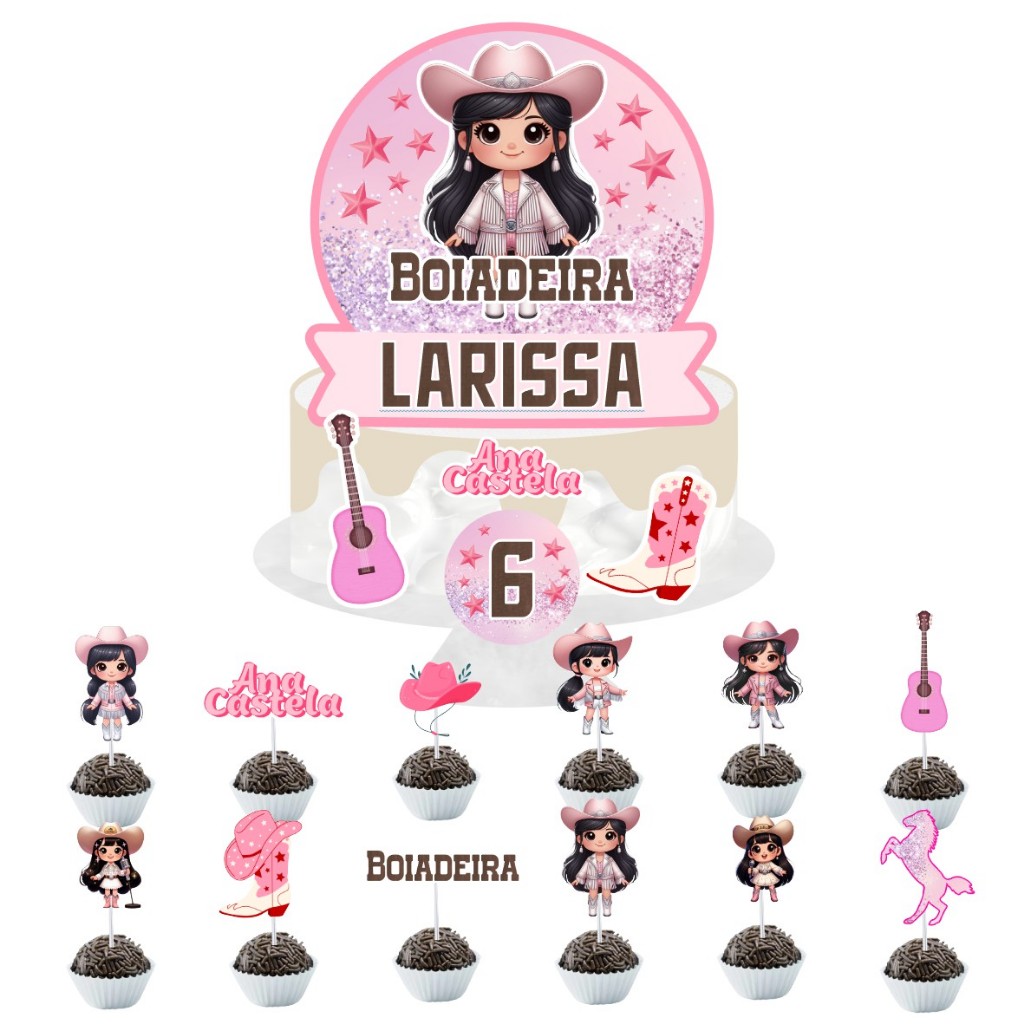 Kit Topo de Bolo + Toppers de Docinhos Ana Castela Boiadeira Decoração Aniversário Country
