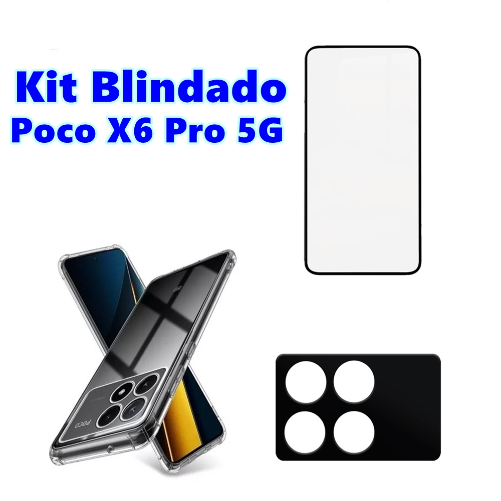 Kit Celular Blindado Poco X6 Pro 5G Xiaomi Capa Anti Impacto + Película Full Cover 3D + Câmera