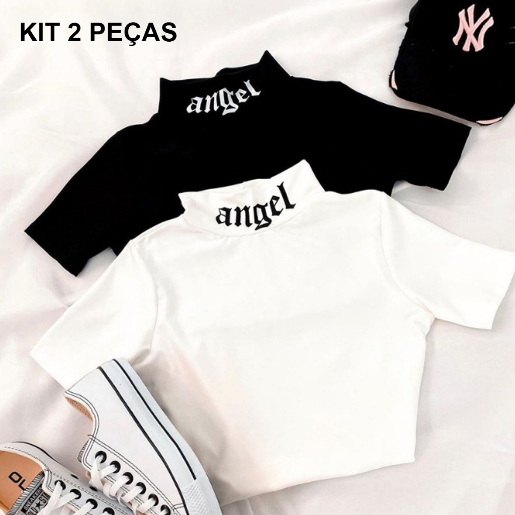 KIT 2 Cropped T-shirt, Gola Alta, Escrita ANGEL, Moda Blogueira Alternativa Feminina