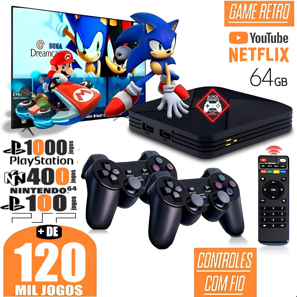 Vídeo Game Retro 120.000 Mil Jogos Clássicos 2024 64GB Elite + 2 Controles Usb