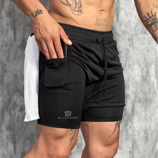 Short RUN 2 em 1 Bermuda Academia Masculino Corrida Treino Com Elastano