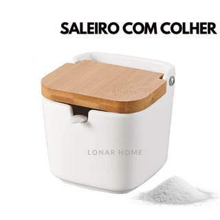 Saleiro Porta Sal Saleira de Mesa Açucareira em Cerâmica com Tampa de Bambu e Colher Decorativo