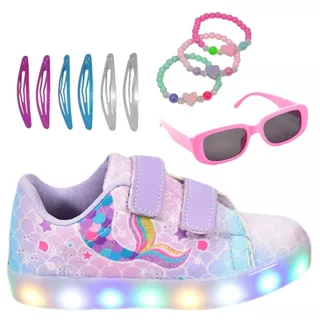Tênis Infantil Led Feminino Club Magia Sereia Luz + Tictac + Pulseira + Óculos
