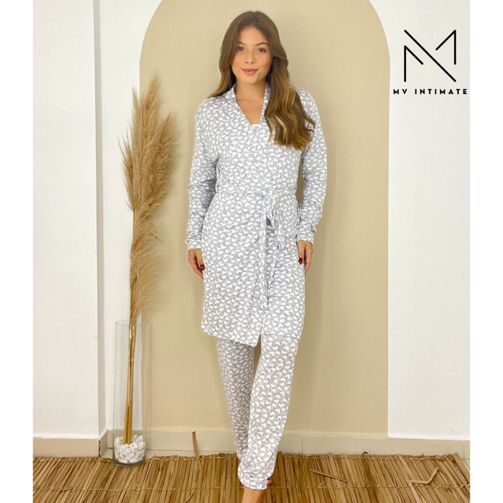 Conjunto Pijama Feminino com Robe em Malha Suede Super Confortável e ...