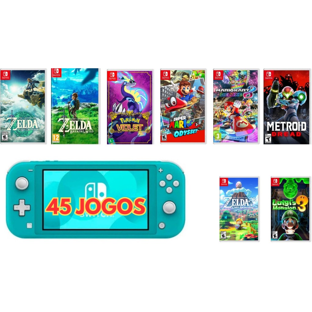 Nintendo Switch Lite Desbloqueado Sd 256gbs - 45 jogos - Zelda Tears Of The Kingdom - Pokémon Violet - Mario Odyssey