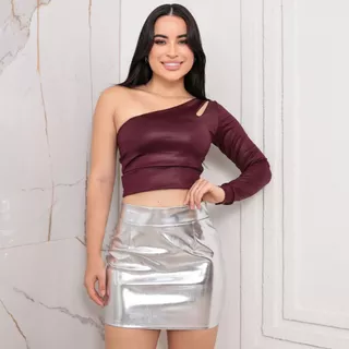 Mini Saia Metalizada Prata Cintura Alta Tecido Vinil Tamanho P ao GG