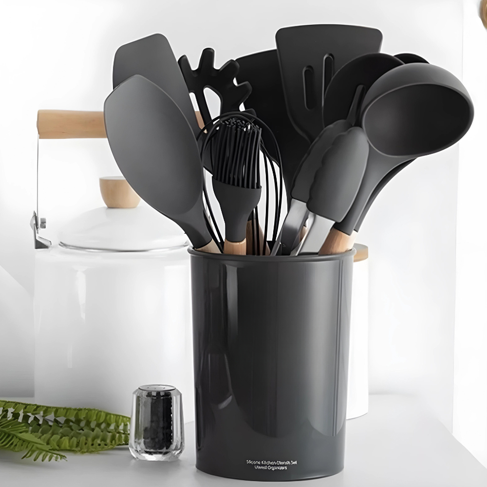 Jogo De Cozinha Kit C/12 Peças De Silicone, Copo Suporte E Utensílios Para Cozinha Cabo De Madeira