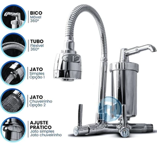 Torneira Cozinha Gourmet Inox Luxo de parede Metal com Filtro Cromo Bica