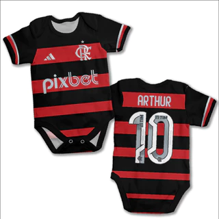 Body bebê personalizado com nome Flamengo várias estampas vermelho, branco, rosa