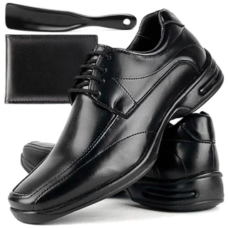Kit Sapato Social Masculino Casual Ortopedico De Couro Confort Legitimo Costurado Macio + Calçadeira e Carteira