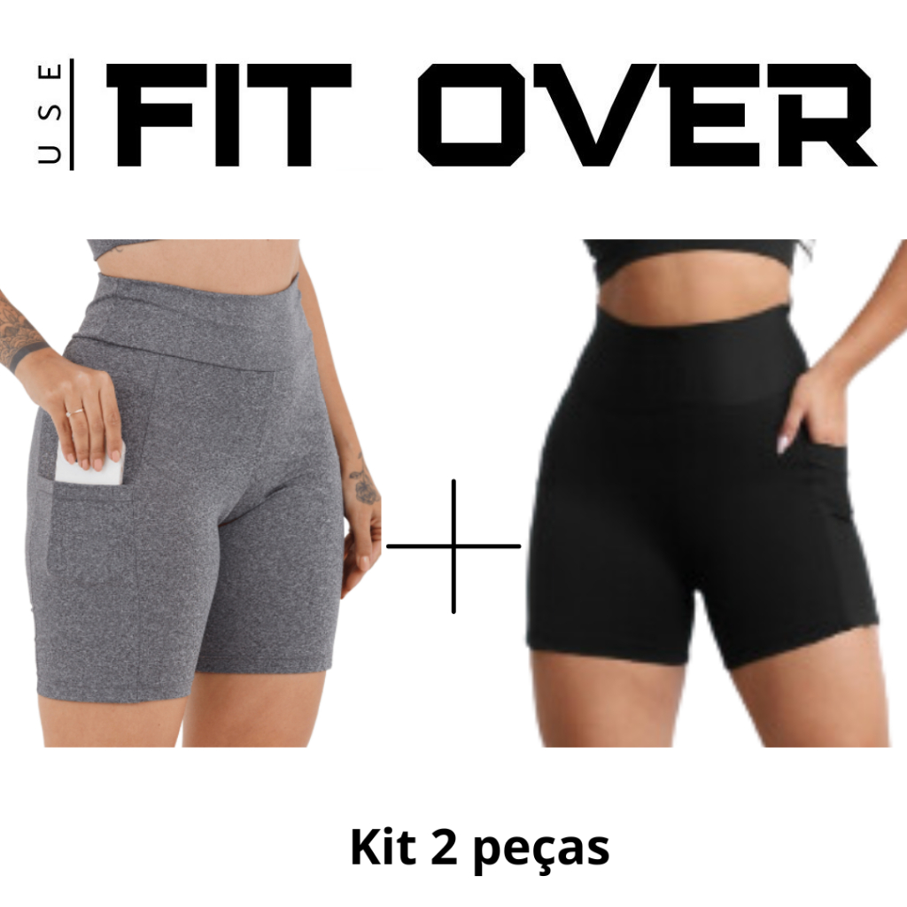 Kit 2 shorts fitness feminino com bolso - bermuda - meia coxa - cós alto - corrida - suplex - academia - cross fit - fit over - zero transparência