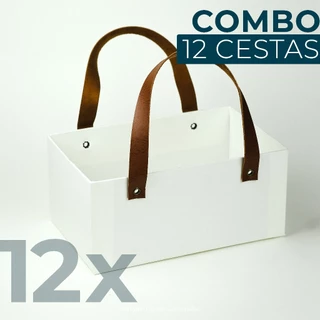 Combo 12 Cestas Cartonada para Presentear 24x15x11cm Caixa com Alça de Couro Sintético Courino (cod. 004)