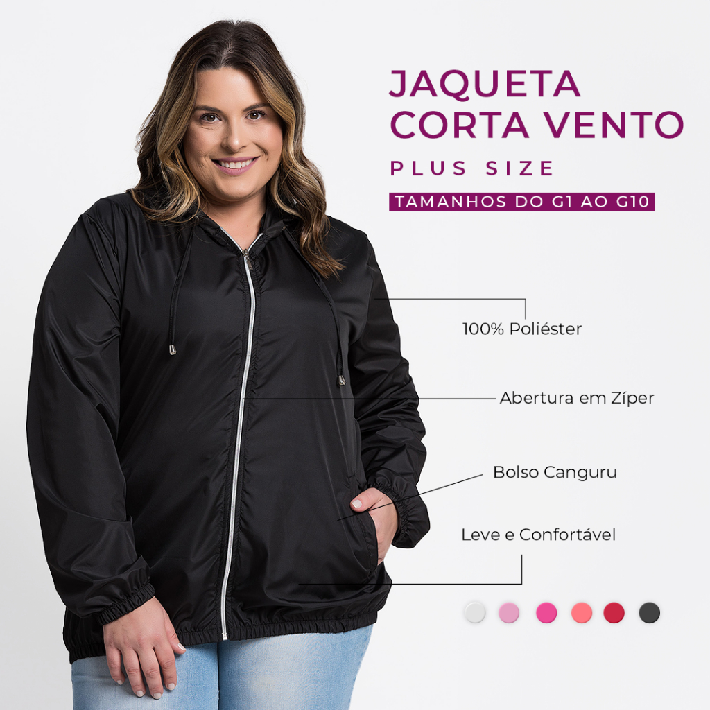 Jaqueta Feminina Corta Vento Plus Size G1 a G10 Poliéster Zíper Frontal  Bolsos Laterais Com Capuz