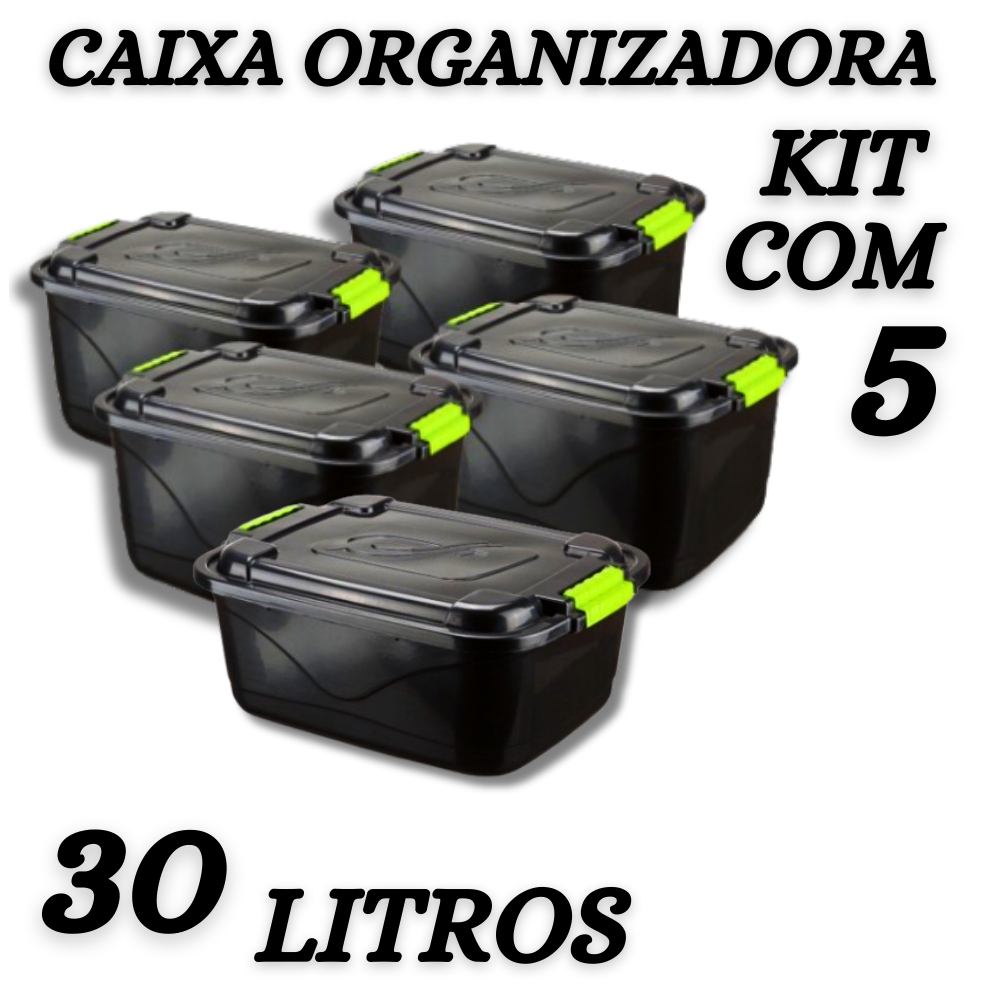 Kit 5 Caixas Organizadoras 30l Grande C/Tampa e Trava Organizador para Brinquedos Multiuso