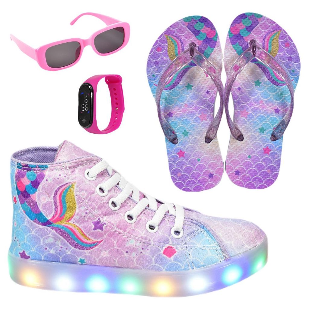 Tênis Boti0nha Infantil Led Feminina Club Magia Sereia + Chinelo Óculos Relógio