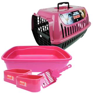 Kit caixa de Transporte N°1 , caixa de areia para gatos, 02 comedouros e 01 pá higiênica Rosa