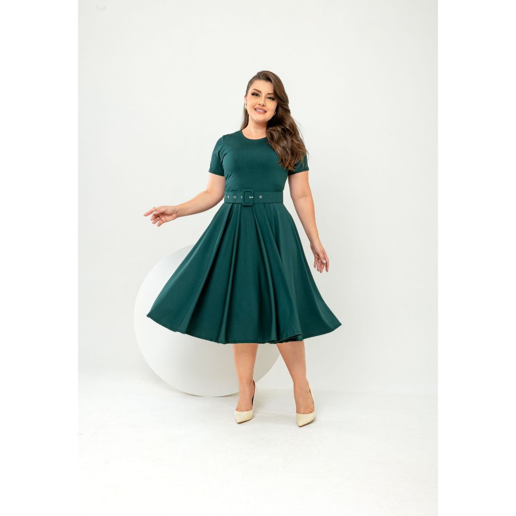 Via Brás Vestido Midi 360º Verde Esmeralda com Cinto Moda Feminina