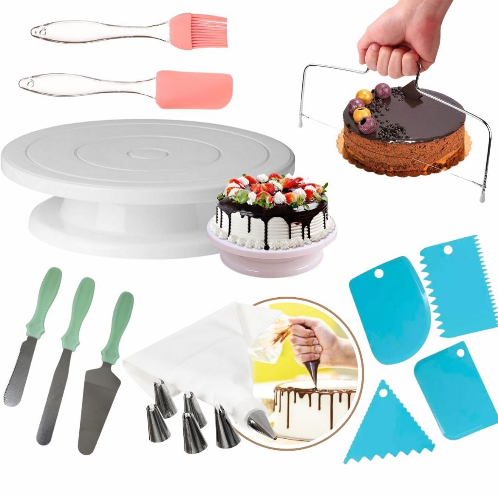 Kit Confeiteiro Boleira Bailarina Giratória 28 cm Raspador Bicos Saco Confeitar