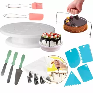 Kit Confeiteiro Boleira Bailarina Giratória 28 cm Raspador Bicos Saco Confeitar