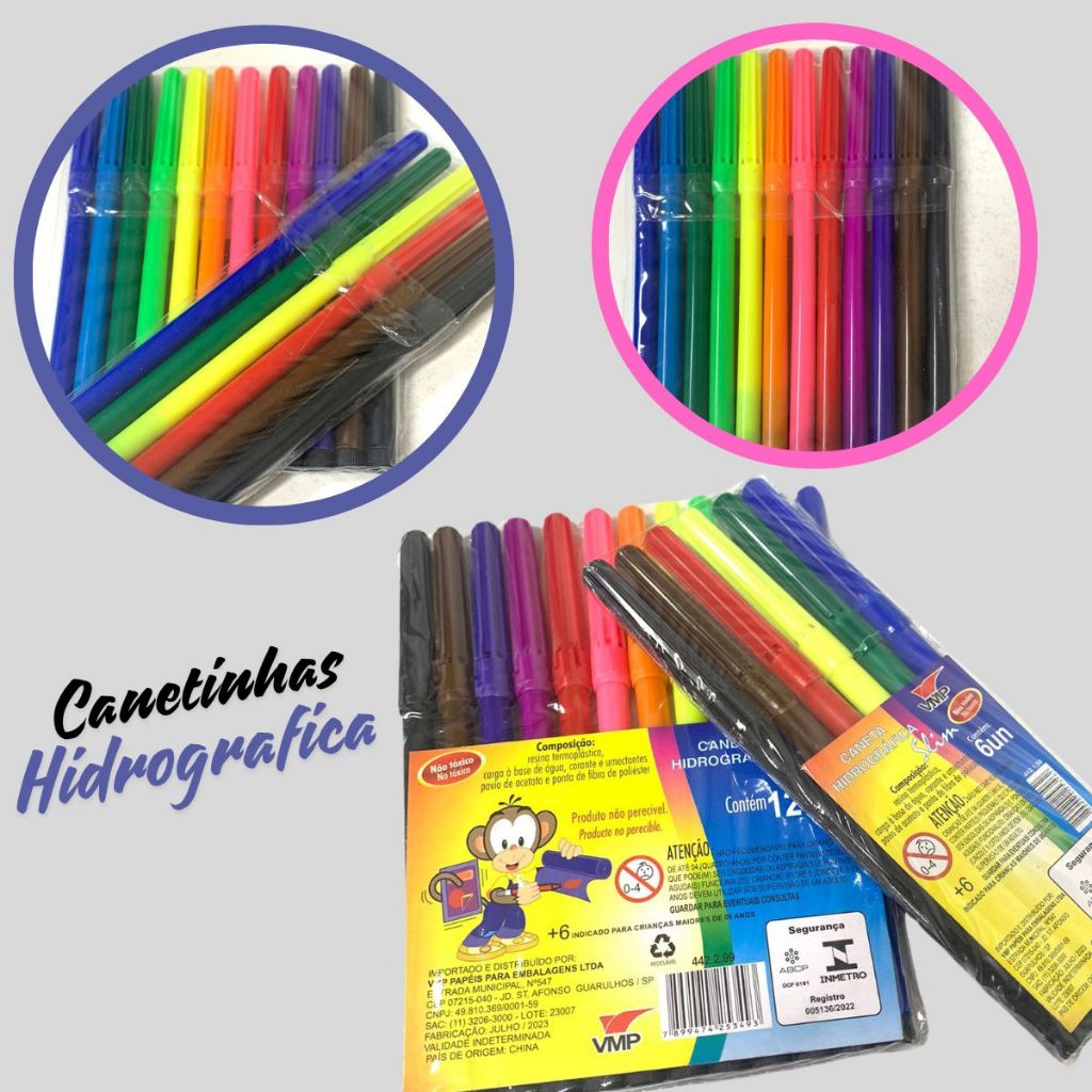 Canetinha Hidrocor Com 12 Cores Coloridas VMP Desenhos Pintar Canetinha ...