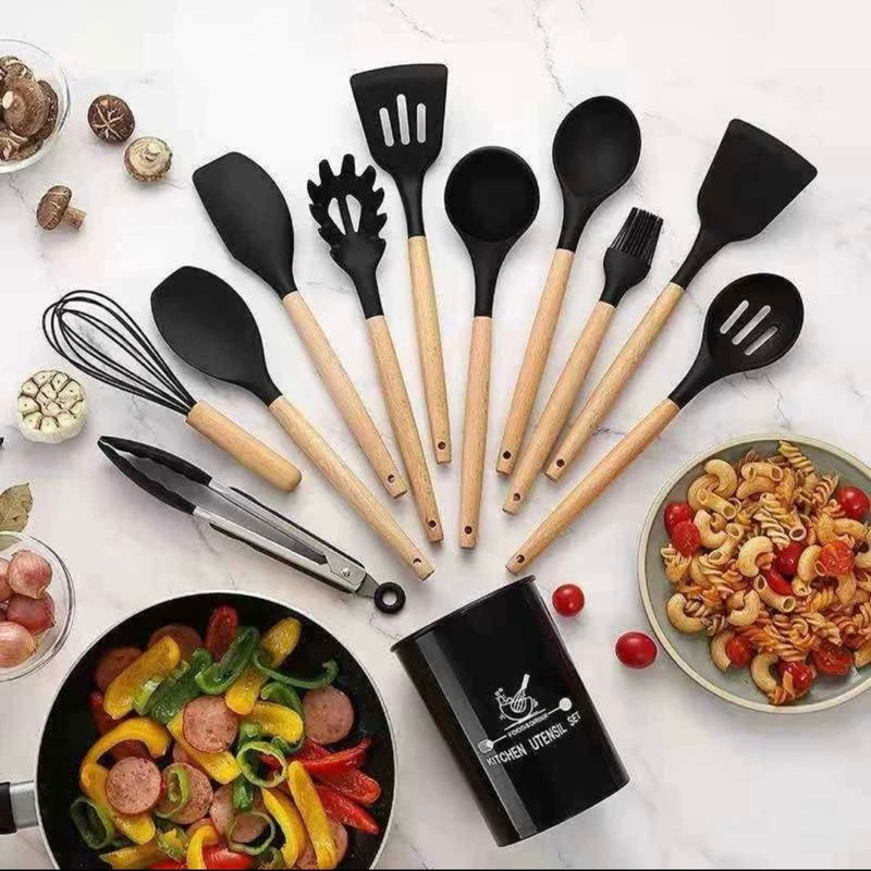 JOGO DE COZINHA KIT C/12 PEÇAS DE SILICONE, UTENSÍLIOS E COPO SUPORTE PARA COZINHA CABO DE MADEIRA