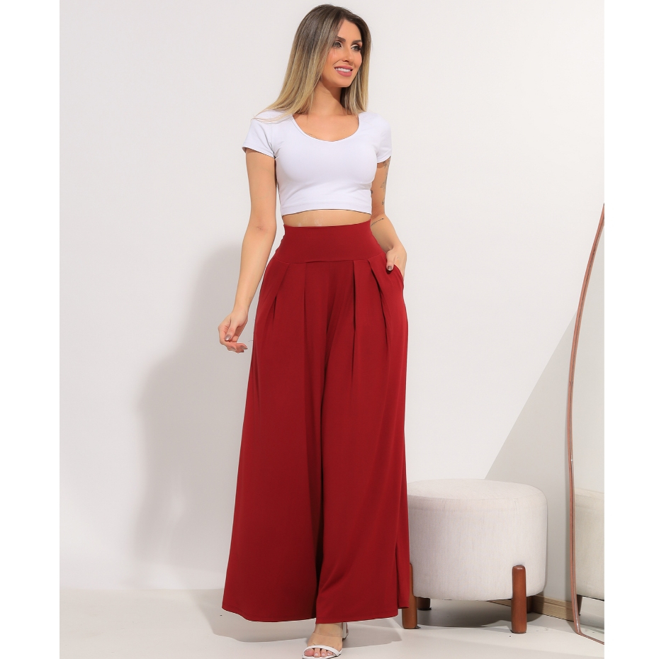 Calça Pantalona Boca Larga Soltinha Malha Viscolycra Cós Largo